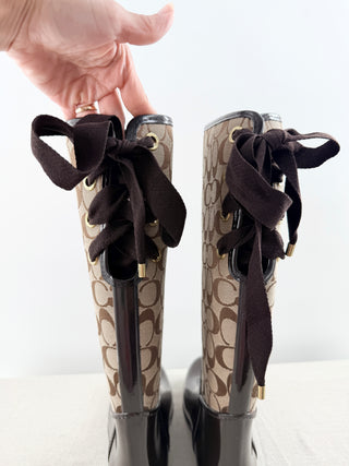 NWT Coach Tristee Monogram C Logo Shiny Rubber Tall Rain Boots Brown Women's 10