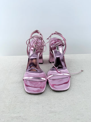 Miu Mu metallic leather block heel strap sandals, 40