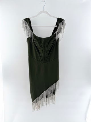 NWT  Lavish Alice Beaded Fringe Bardot Corset Mini Dress Khaki Womens Size 6