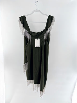 NWT  Lavish Alice Beaded Fringe Bardot Corset Mini Dress Khaki Womens Size 6