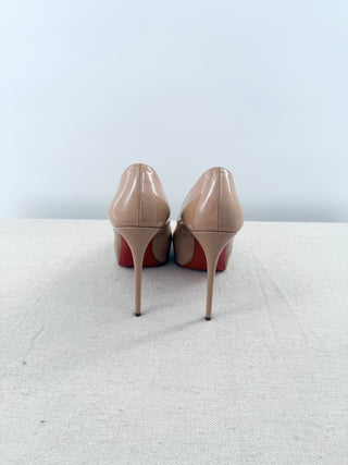 Christian Louboutin Patent Leather Peep Toe Stilettos Platform Pumps Beige 36