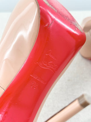 Christian Louboutin Patent Leather Peep Toe Stilettos Platform Pumps Beige 36