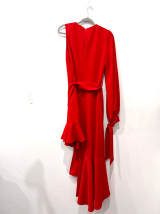 Style Mafia Belted Asymmetrical Ruffle Hi-Low Formal Dress Red Women's Size L