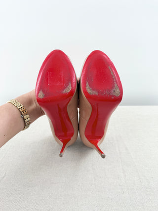 Christian Louboutin Patent Leather Peep Toe Stilettos Platform Pumps Beige 36