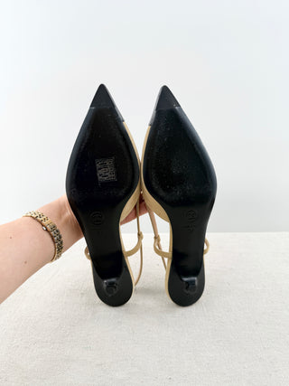 Chanel slingback suede and patent leather CC kitten heel sandals, 37