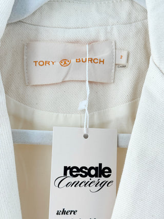 Tory Burch Long Sleeve Single Breasted Denim Tailored Blazer Cream Womens Size 2