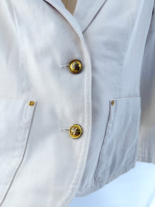 Tory Burch Long Sleeve Single Breasted Denim Tailored Blazer Cream Womens Size 2