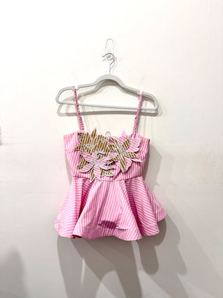 No Pise La Grama Flower Sleeveless Dreamy Top Khaki Pink Stripes Women's Size S