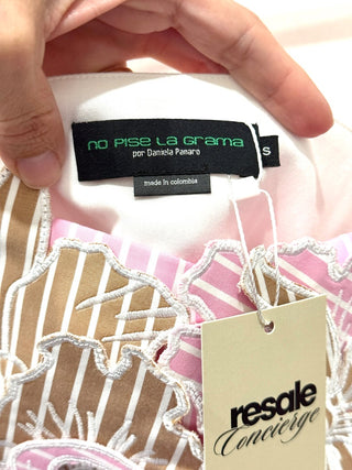 No Pise La Grama Flower Sleeveless Dreamy Top Khaki Pink Stripes Women's Size S