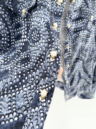 St. John Long Sleeve Button-Front Denim Jacket with Pearl Buttons Blue Womens L