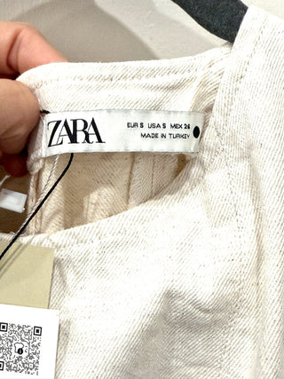 NWT Zara Sleeveless Fit and Flare Skater Mini Denim Dress Beige Women's Size S