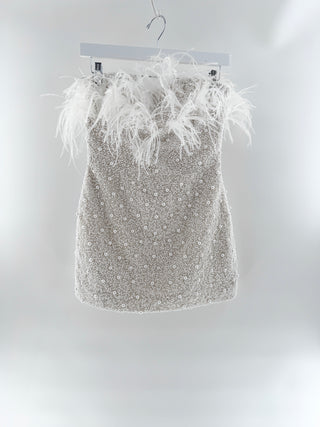 Retrofete beaded feather trim mini strapless dress, S