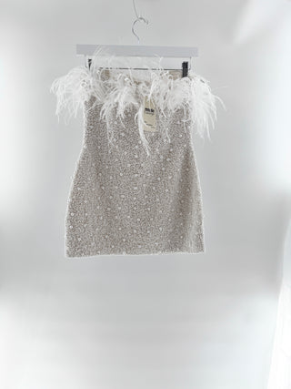 Retrofete beaded feather trim mini strapless dress, S