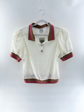 Maeve crochet polo top with contrast trim, M