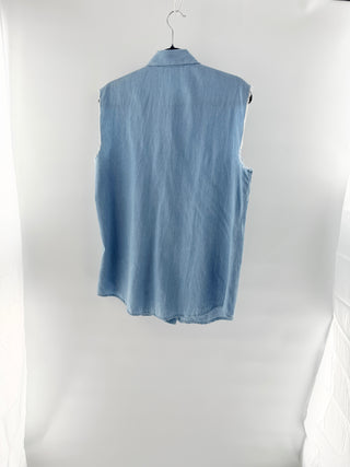 Nicholas Sleeveless Raw Hem Chest Pocket Chambray Button-Up Shirt Blue Womens 8