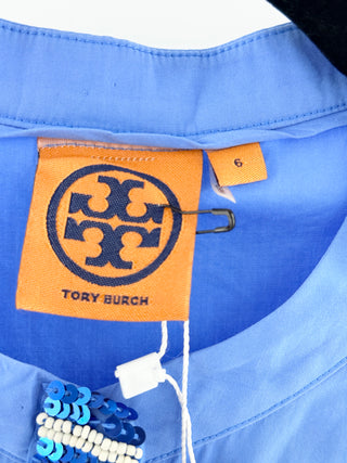 Tory Burch 100% Cotton Embellished 3/4 Sleeve Blouse Top Blue Women's Size 6