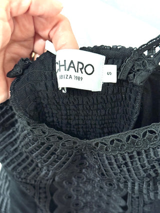 Charo Ruiz Cherrie Ruffle Trim Mini Dress Black With Eyelet Detail Women's Small