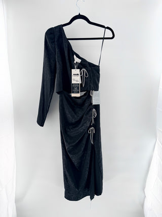 NWT WAYF Ella Floral Jacquard Cutout Crystal Bow One-Shoulder Midi Dress Black S