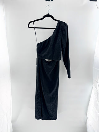 NWT WAYF Ella Floral Jacquard Cutout Crystal Bow One-Shoulder Midi Dress Black S