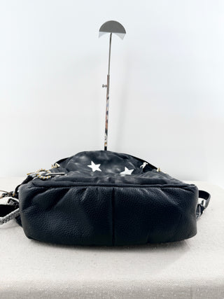 queen b faux leather mini backpack featuring bold tiger graphic on front pocket and stud detailing, designed with top handle, adjustable shoulder straps