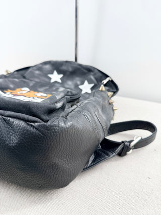 queen b faux leather mini backpack featuring bold tiger graphic on front pocket and stud detailing, designed with top handle, adjustable shoulder straps