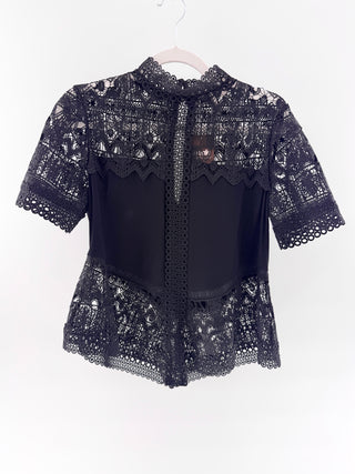 Alexis Lace Yoke Sheer Lace Sleeve Mock Neck Blouse with Scalloped trim Black M