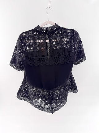 Alexis Lace Yoke Sheer Lace Sleeve Mock Neck Blouse with Scalloped trim Black M