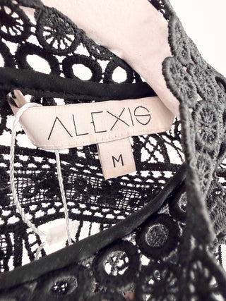 Alexis Lace Yoke Sheer Lace Sleeve Mock Neck Blouse with Scalloped trim Black M