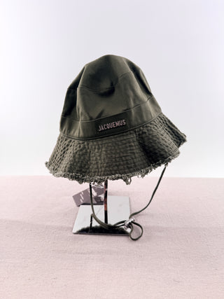 Jacquemus Cotton bucket hat with frayed brim, silver tone logo hardware & adjustable drawstring, 58