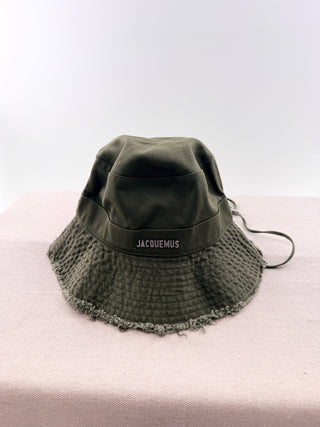 Jacquemus Cotton bucket hat with frayed brim, silver tone logo hardware & adjustable drawstring, 58