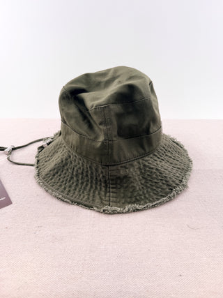 Jacquemus Cotton bucket hat with frayed brim, silver tone logo hardware & adjustable drawstring, 58