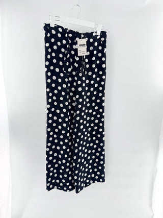 St. John Silk Polka Dot Pull On Mid Rise Wide Leg Trouser Pants Black White P/S