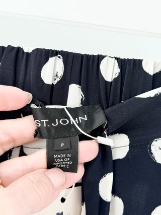St. John Silk Polka Dot Pull On Mid Rise Wide Leg Trouser Pants Black White P/S
