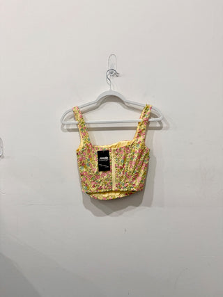 House of CB Poppy Vintage Floral Print Cropped Corset Top Yellow Women's Size XS