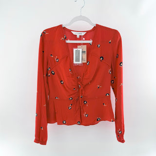 NWT Intermix Katherine Floral Long Sleeve V-Neck Tie Front Blouse Orange Women 4