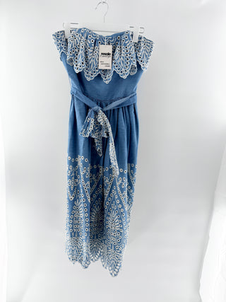 Shoshanna Eleanora Strapless Belted A-Line Midi Dress with Eyelet Details Blue 6