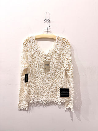 NWT Norma Kamali Off Shoulder Raglan Crochet Cover-Up Top Cream Women's Size S