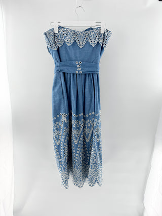 Shoshanna Eleanora Strapless Belted A-Line Midi Dress with Eyelet Details Blue 6
