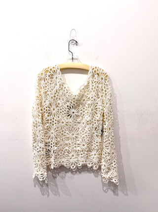 NWT Norma Kamali Off Shoulder Raglan Crochet Cover-Up Top Cream Women's Size S