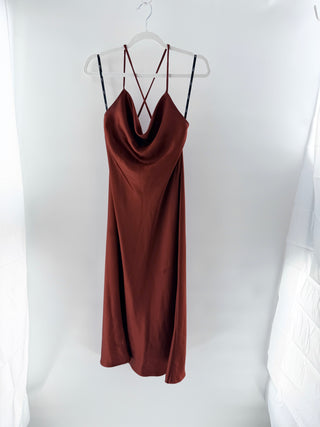 Lovely Satin Spaghetti Straps Cowl Neck Pencil Midi Dress Brown Women's Small