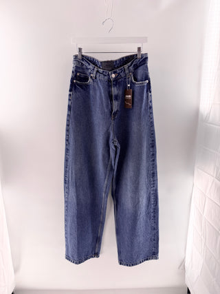 Zara Steven Meisel medium wash baggy jeans with crossover waistband, 28
