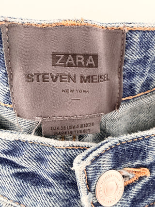 Zara Steven Meisel medium wash baggy jeans with crossover waistband, 28