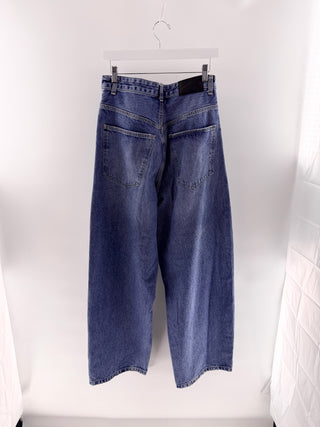 Zara Steven Meisel medium wash baggy jeans with crossover waistband, 28