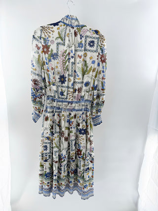 Tory Burch Waverly Floral Silk Long Sleeve Smocked Midi Shirt Dress Cream Blue 2