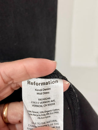 Reformation sleeveless maxi denim dress, 0