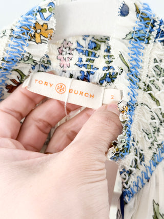 Tory Burch Waverly Floral Silk Long Sleeve Smocked Midi Shirt Dress Cream Blue 2
