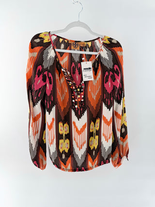 Tory Burch 100% Silk Aztec Ikat V-Neck Long Sleeve Blouse Orange Pink Womens 2