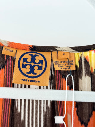 Tory Burch 100% Silk Aztec Ikat V-Neck Long Sleeve Blouse Orange Pink Womens 2