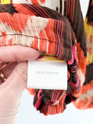 Tory Burch 100% Silk Aztec Ikat V-Neck Long Sleeve Blouse Orange Pink Womens 2