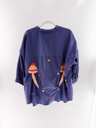 Maison Sarayan Oversized button down shirt with colorful embroidered mushrooms & stars, one size